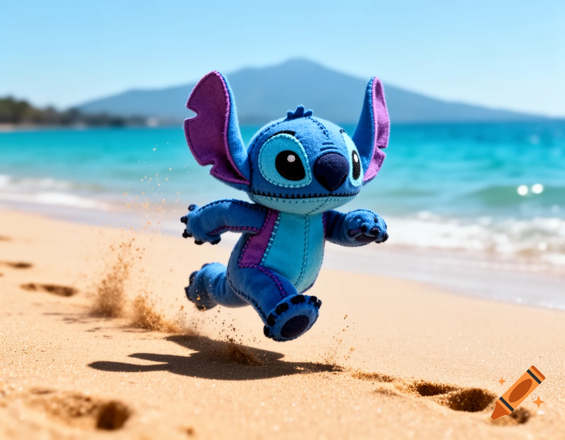 A blue and purple Stitch plush toy running on a sandy beach, kicking up sand, with the ocean and a mountain in the background.