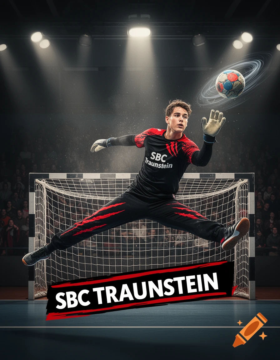 A young male handball goalkeeper in a black and red uniform, leaping dynamically to block a ball in an indoor arena. 'SBC Traunstein' text.