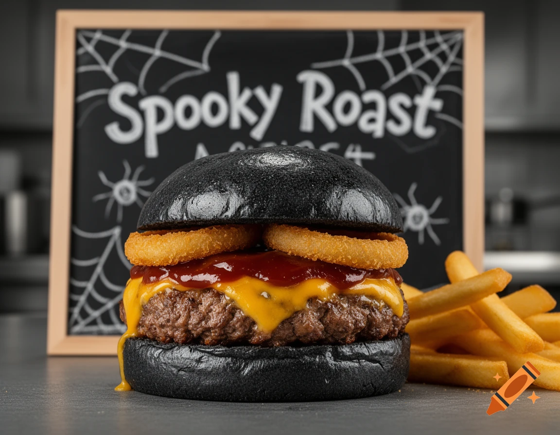A black-bunned Halloween 'Spooky Roast' burger with cheese, ketchup, onion rings, and fries, in front of a spiderweb-decorated chalkboard.