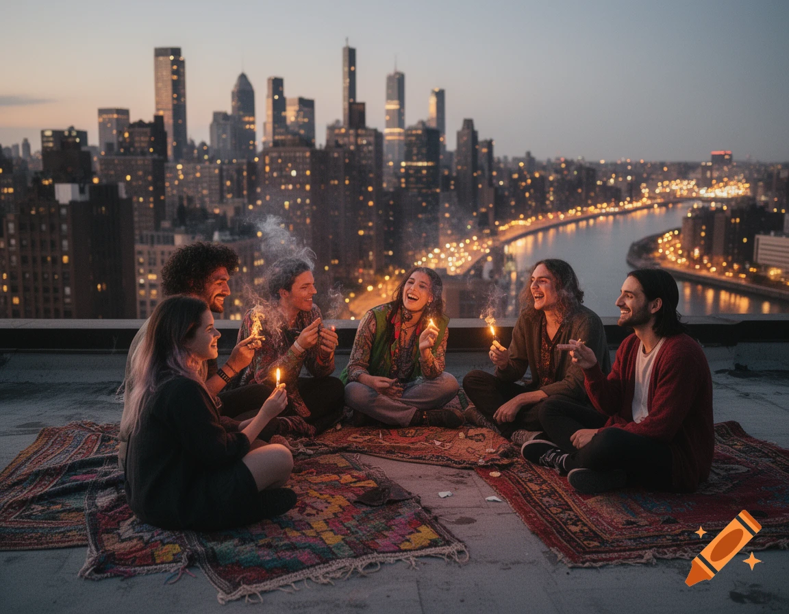 Six friends laugh and hold sparklers on a city rooftop at dusk, with a glowing cityscape and river in the background.
