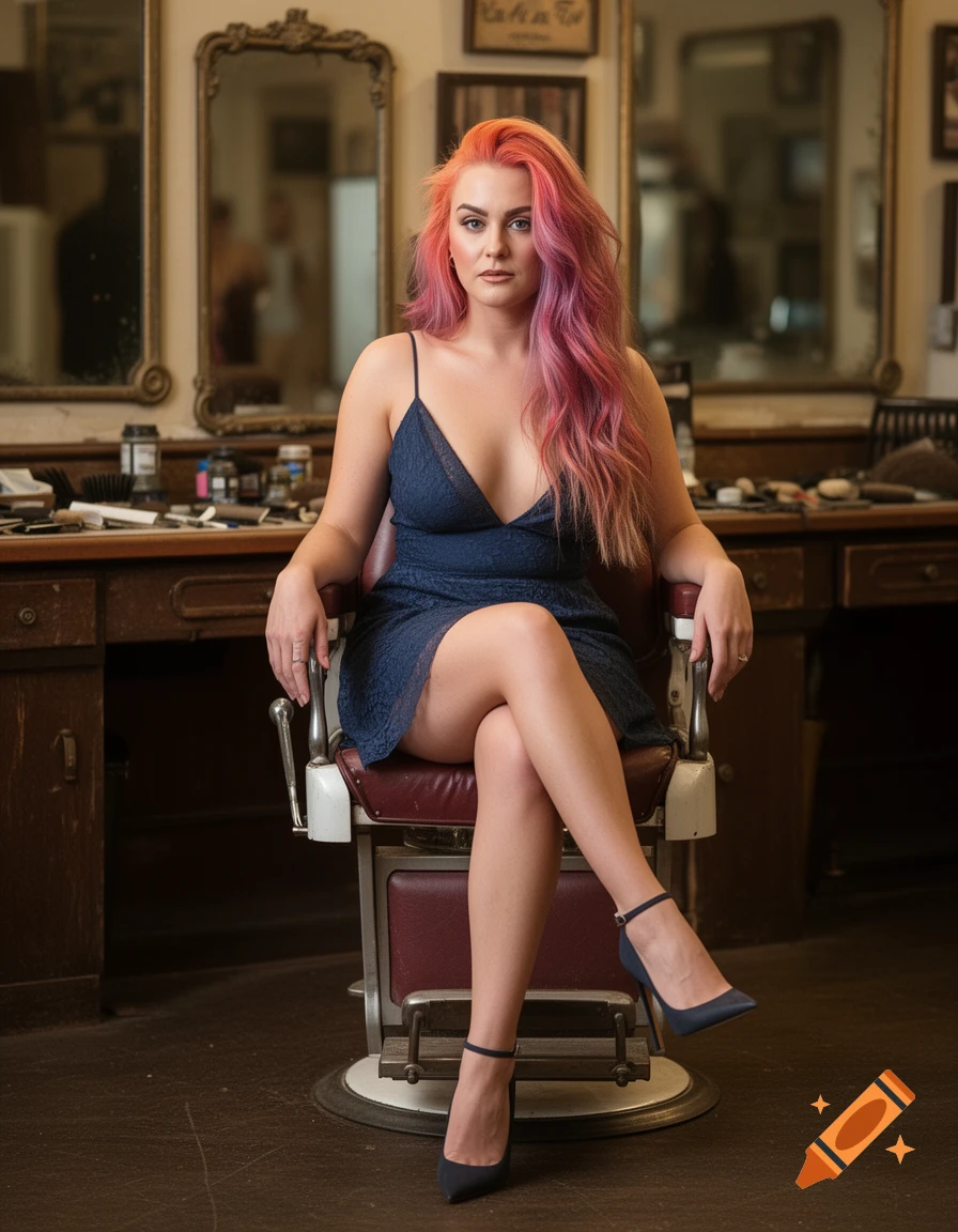A woman with vibrant pink and orange hair in a blue slip dress and high heels sits in a barber chair.