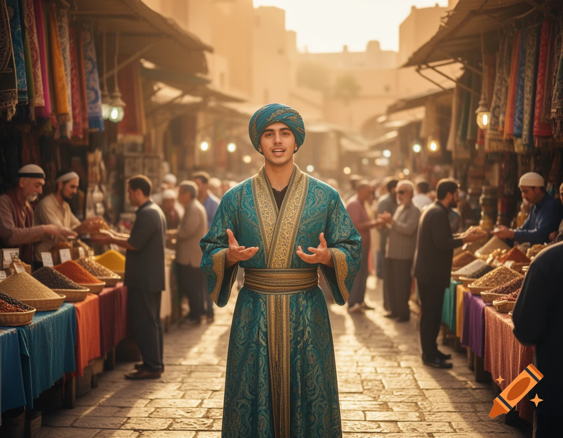 A young man in a teal and gold robe and turban stands in a bustling photorealistic outdoor marketplace.