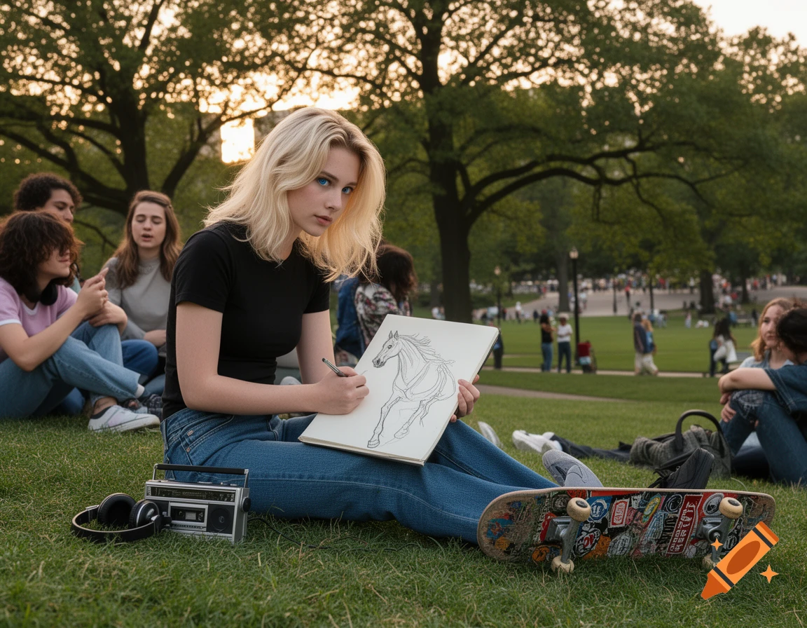 A blonde girl in a park sketches a horse while friends relax nearby. A boombox, headphones, and skateboard rest on the grass.