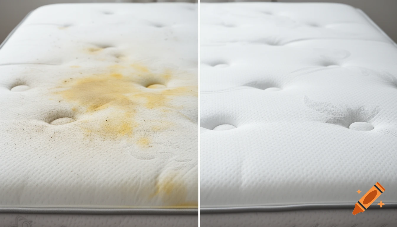 Ultra realistic split comparison image of a white mattress. Left side shows a dirty mattress with yellow stains, right side shows it clean and spotless.