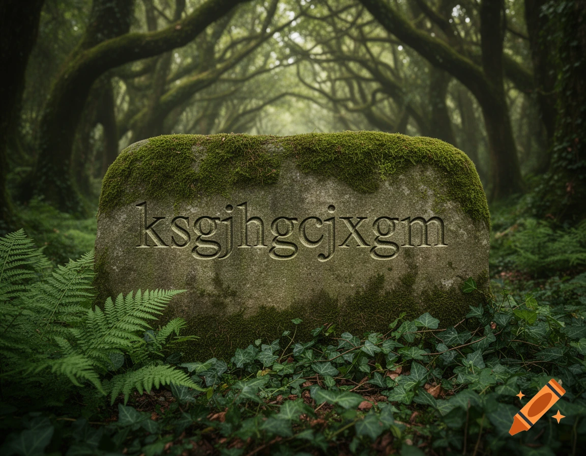 A moss-covered stone with carved letters 'ksgjhgcjxgm' rests in a lush, green forest.