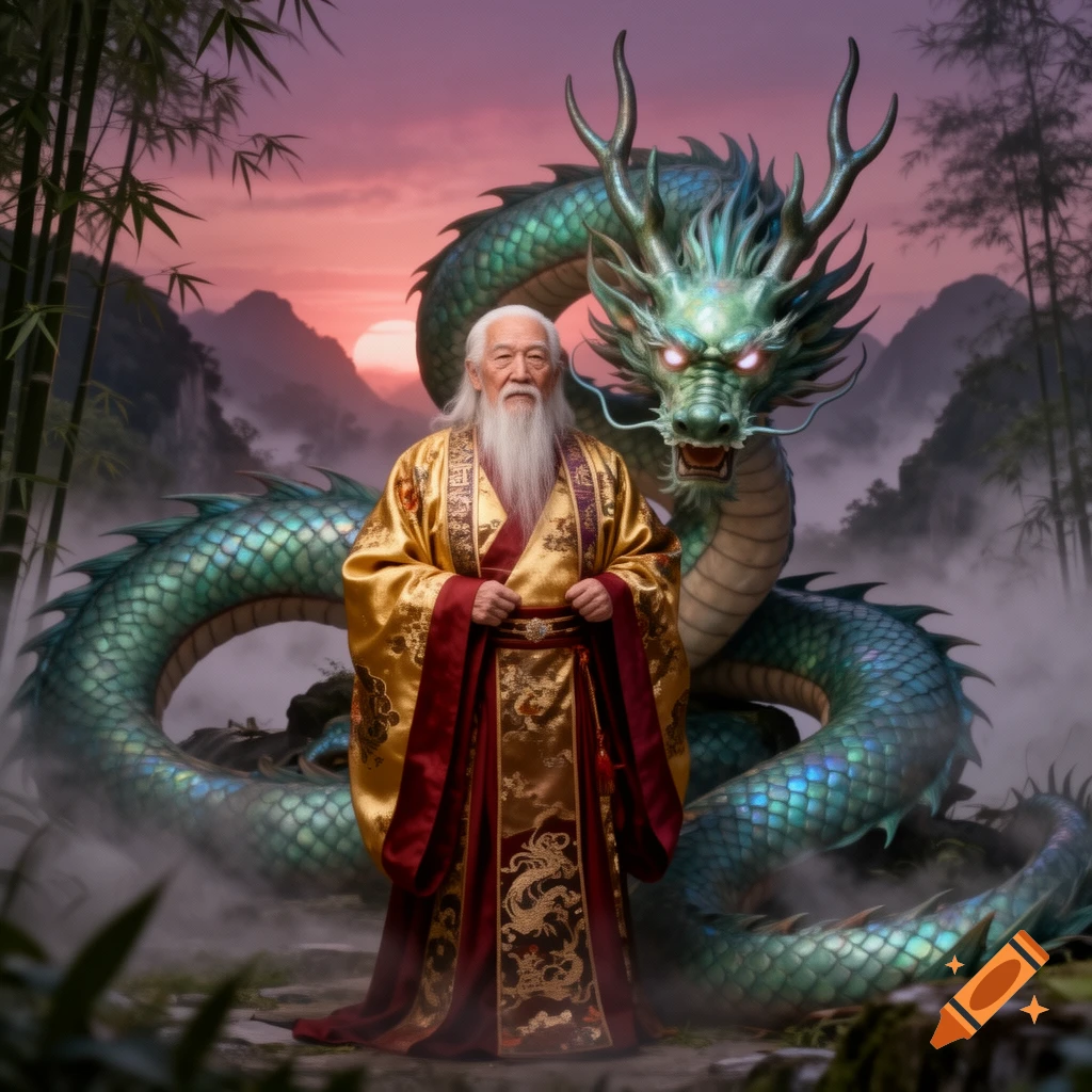 An old man in ornate gold and red robes with a long white beard stands beside a large green mythical dragon in a misty bamboo forest at sunset.