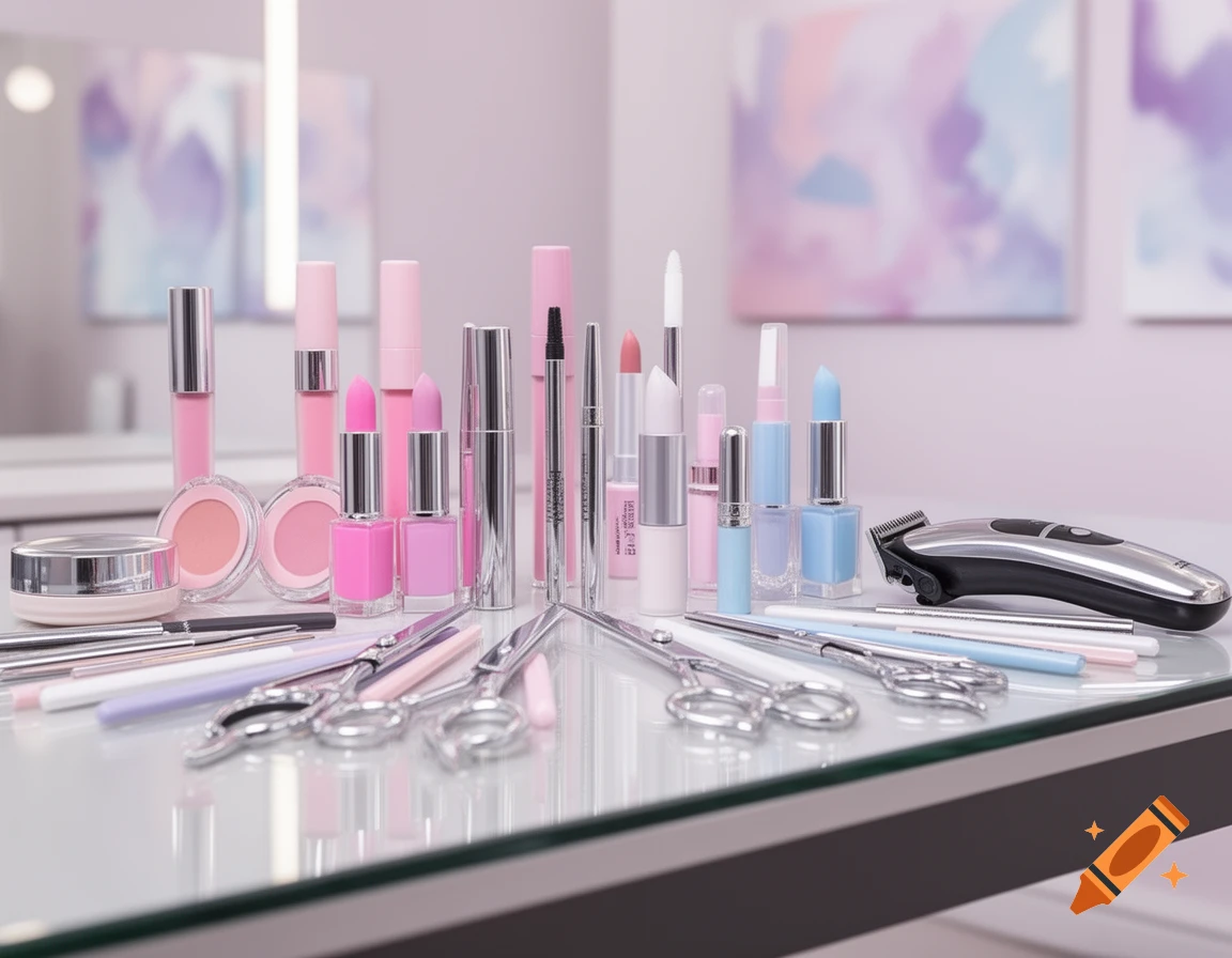 Assorted pink, blue, and silver makeup, brushes, scissors, and a beard trimmer on a reflective surface.