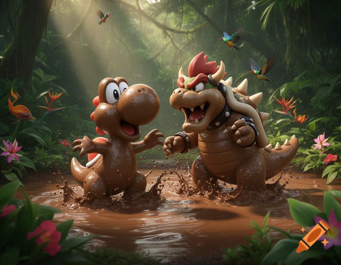 Yoshi and Bowser, covered in mud, happily splash in a muddy pit in a lush jungle.