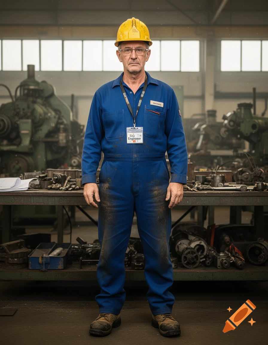 A serious-looking middle-aged man in a blue work jumpsuit and yellow hard hat stands in a messy factory workshop, wearing a name badge.