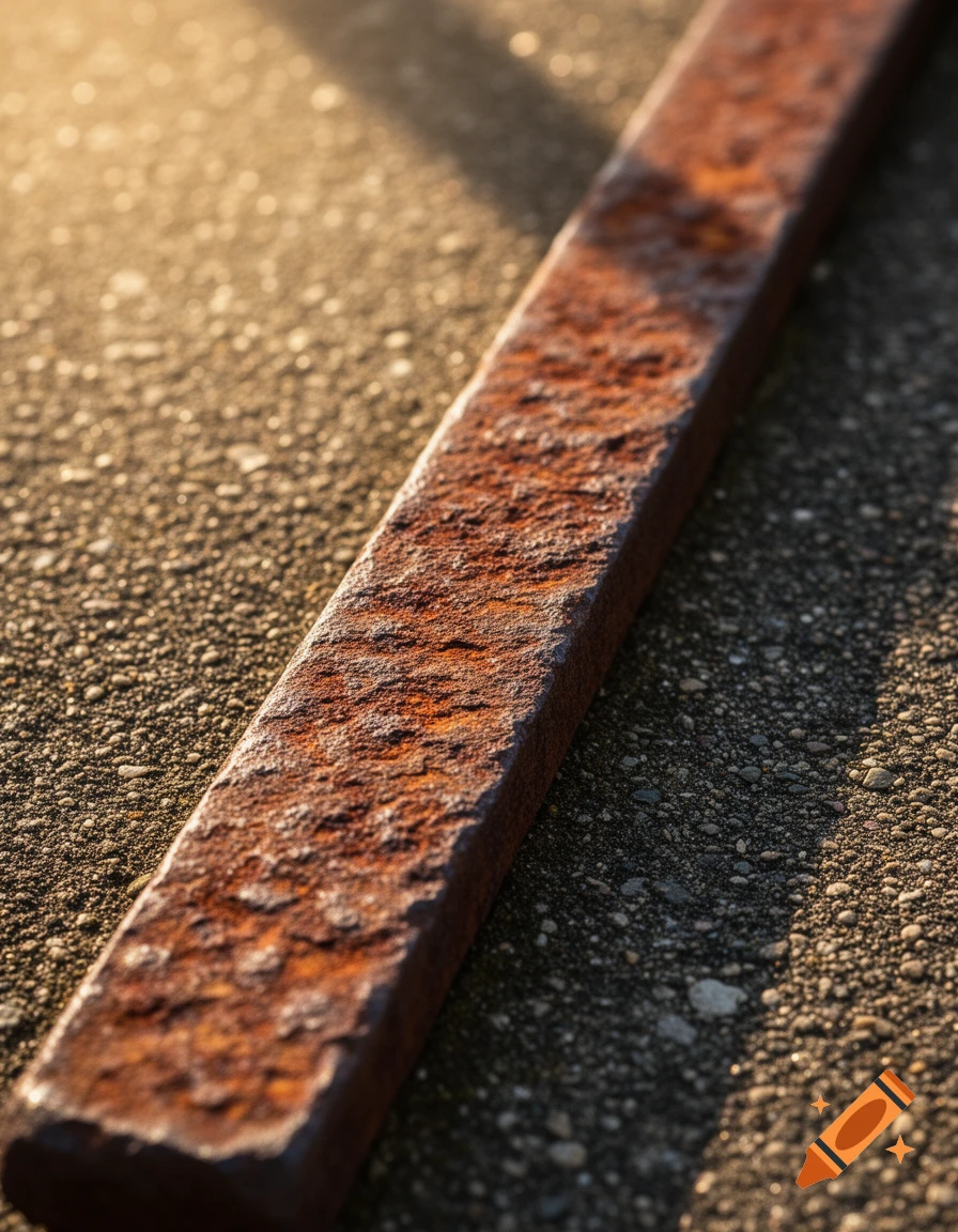 Close-up of a rusty, rectangular metal bar lying diagonally on textured asphalt, illuminated by warm sunlight.