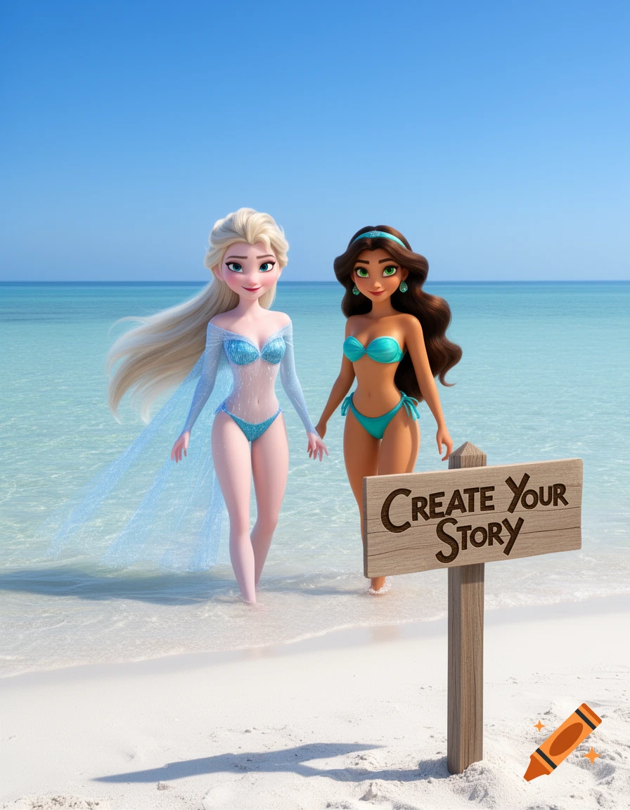 Elsa and Jasmine in bikinis wade in clear ocean water on a white sand beach, a wooden sign reads 'Create Your Story'.