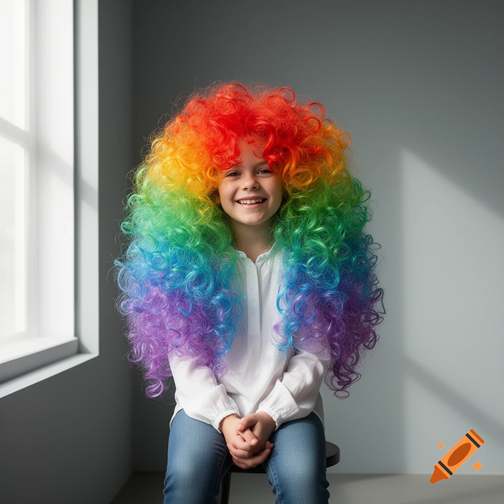 Smiling young girl wearing a giant, curly rainbow wig, sitting indoors near a window.