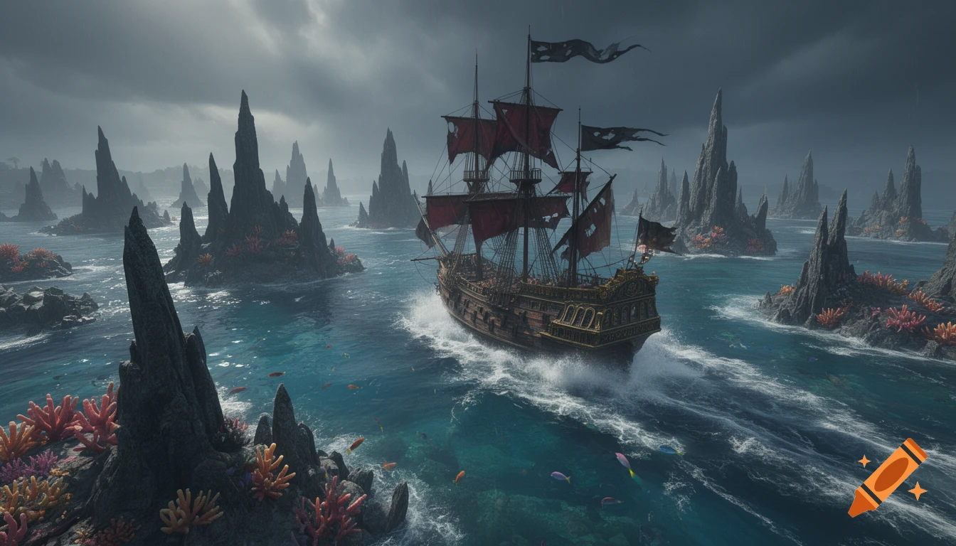 A pirate ship with tattered red sails navigates through a sea of sharp, coral-decorated rock formations under a stormy sky.