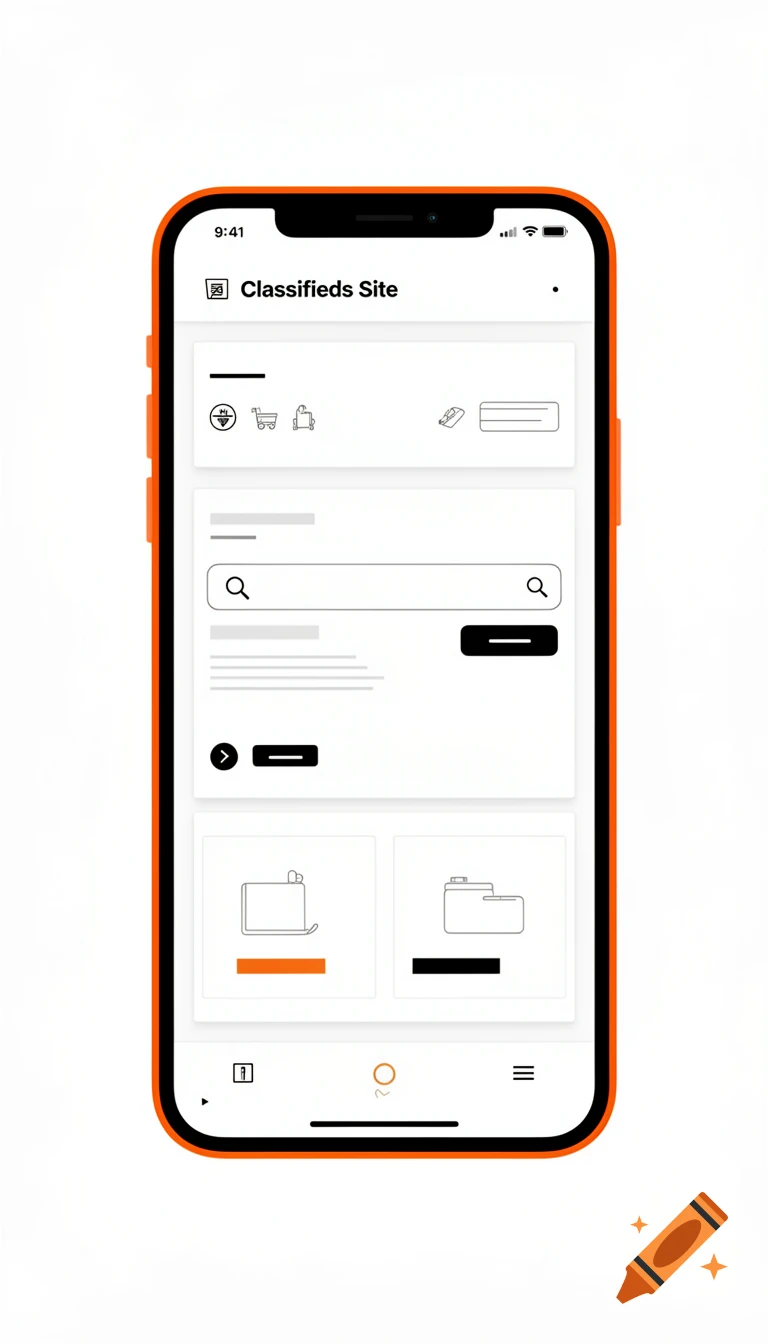 Minimalist sketch of a mobile app interface for a classifieds site, with orange and black elements on a white screen.
