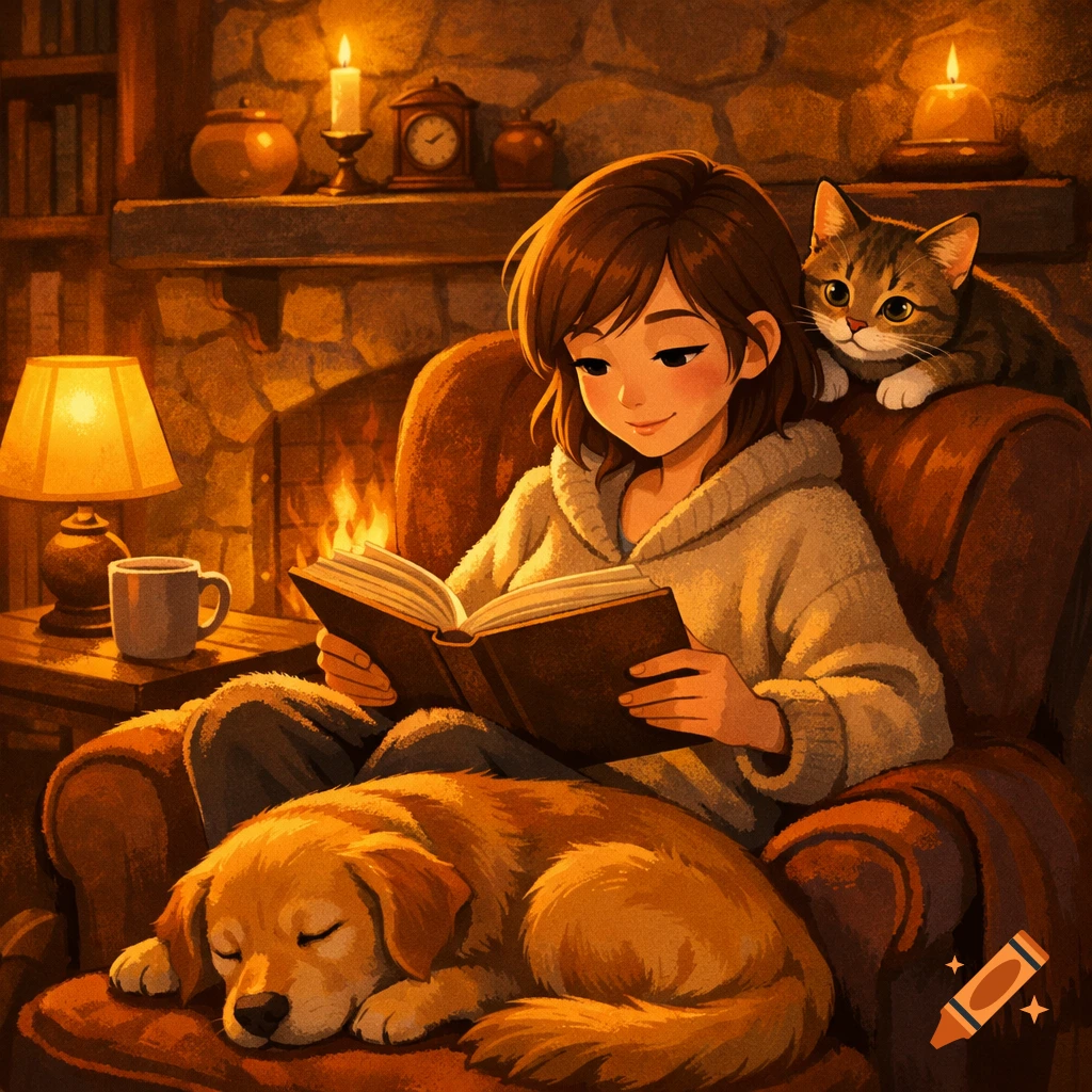 A cartoon-style girl reads a book by a cozy fireplace, with a cat on her shoulder and a sleeping golden retriever on her lap.