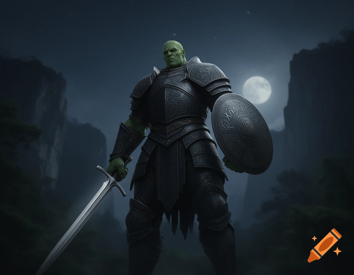 A massive green-skinned warrior in dark, ornate armor stands holding a glowing sword and shield under a full moon in a mountain landscape.