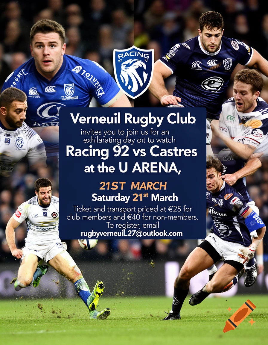A rugby match advertisement with a collage of five rugby players in action on a field, and a central blue overlay announcing a match between Racing 92 and Castres on March 21st.