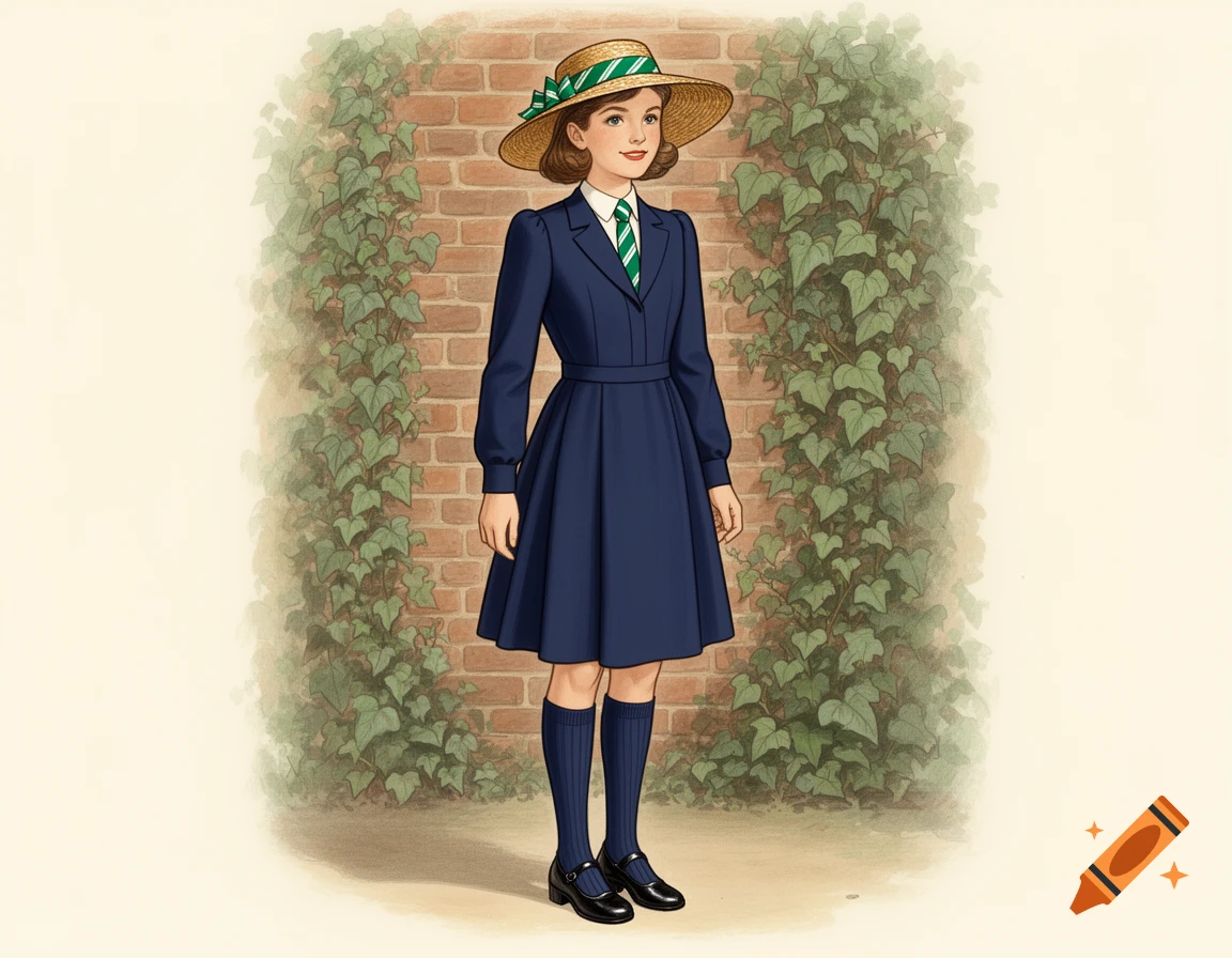 Illustration of a schoolgirl standing, wearing a navy uniform, straw hat, green tie, against a brick wall with ivy.