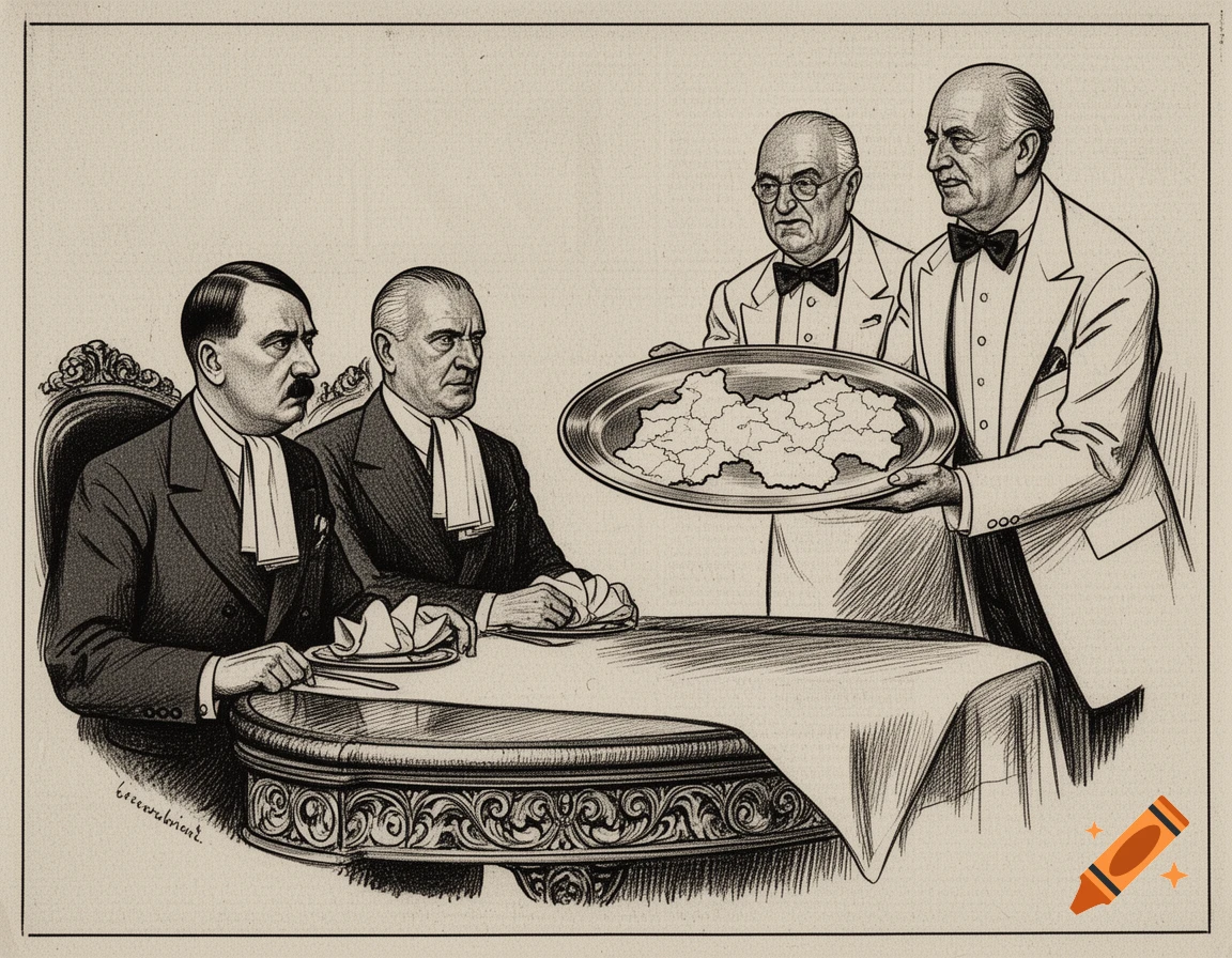 Black and white political cartoon of Hitler and Mussolini being served a map of Czechoslovakia by two waiters.