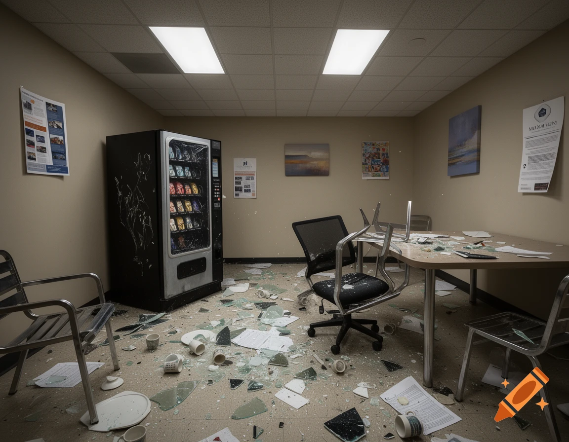 A vandalized office break room or rage room with broken glass on the floor, scattered papers, overturned chairs, and a damaged vending machine.