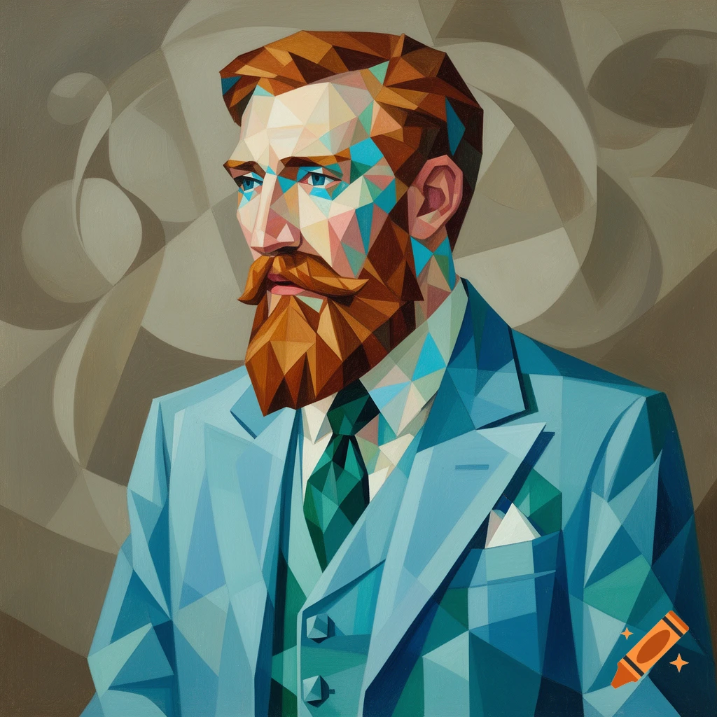 Cubist portrait of a bearded man in a light blue suit, featuring geometric facets and a neutral background.