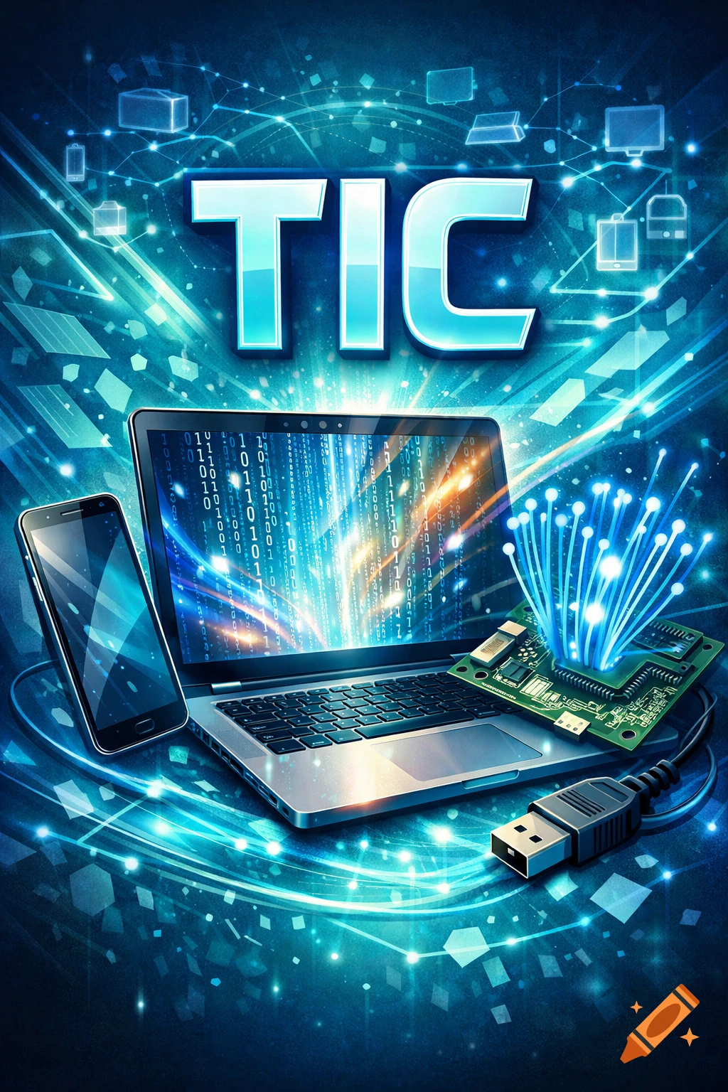 A technology-themed image with 'TIC' text, a laptop displaying binary code, a smartphone, circuit board, and USB, all glowing against a blue digital background.
