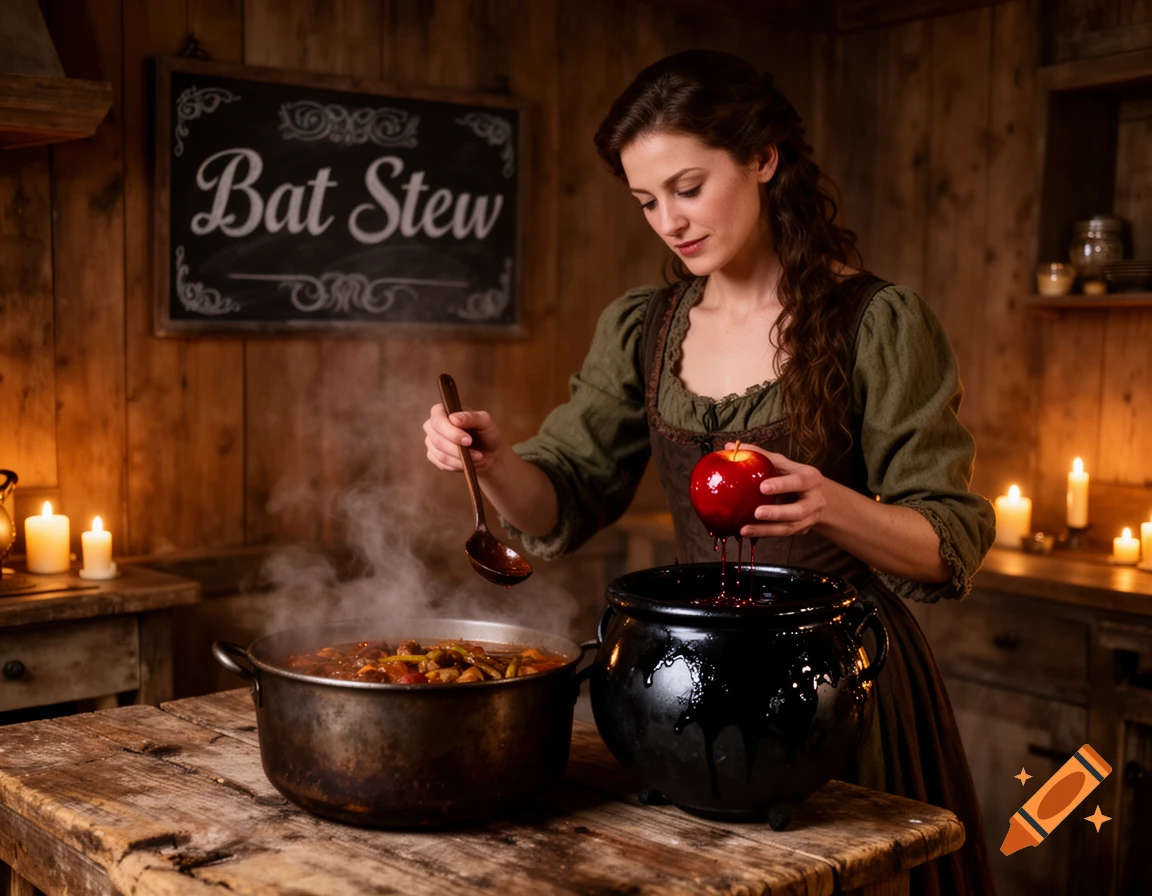 A woman in a rustic kitchen stirs a pot of stew while dipping a red apple into a black cauldron. A sign reads Bat Stew.