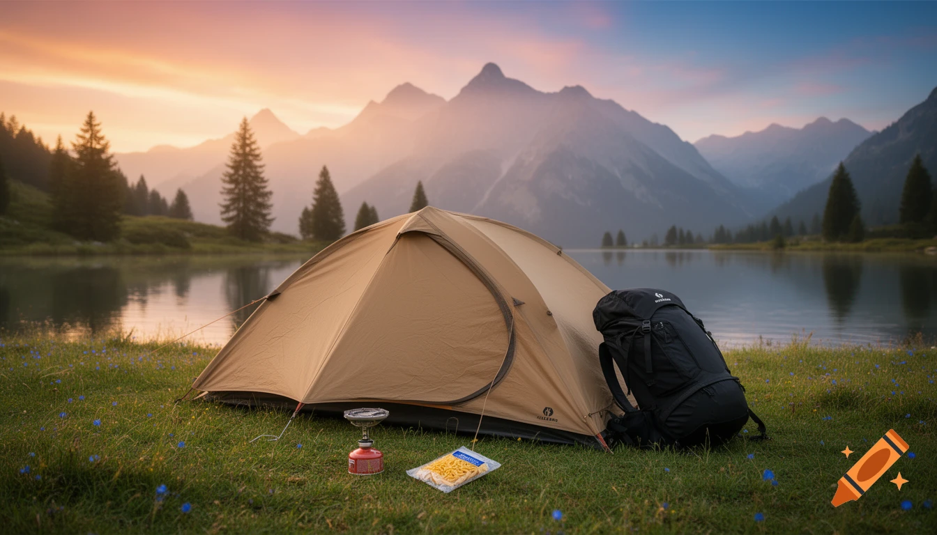 A tan tent, black backpack, gas stove, and pasta package on grass beside a tranquil lake with mountains and pine trees at sunset.