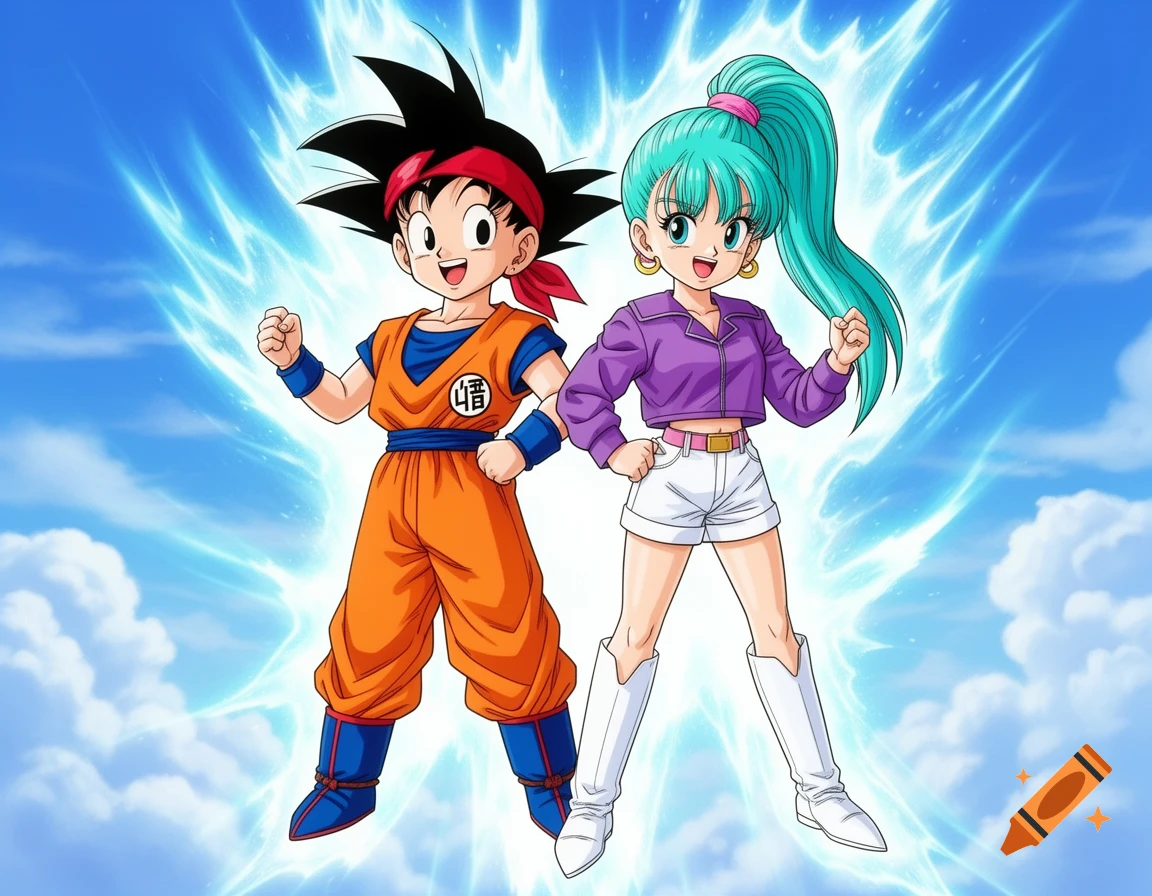Anime characters Goku in orange gi and Bulma in a purple jacket and white shorts stand against a blue sky with energy aura.