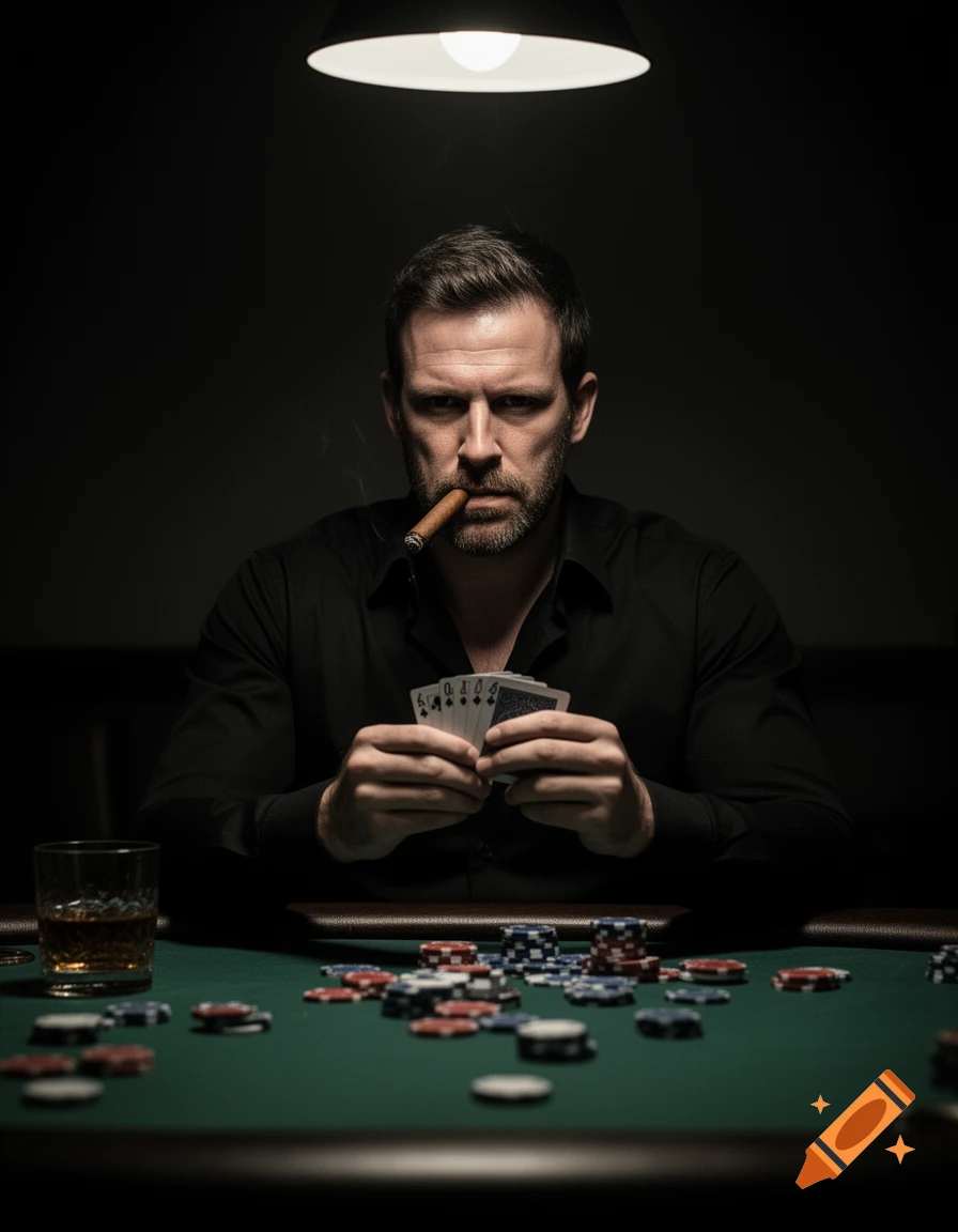 A man with a cigar in his mouth holds poker cards at a dimly lit table with chips and a drink, looking intense.