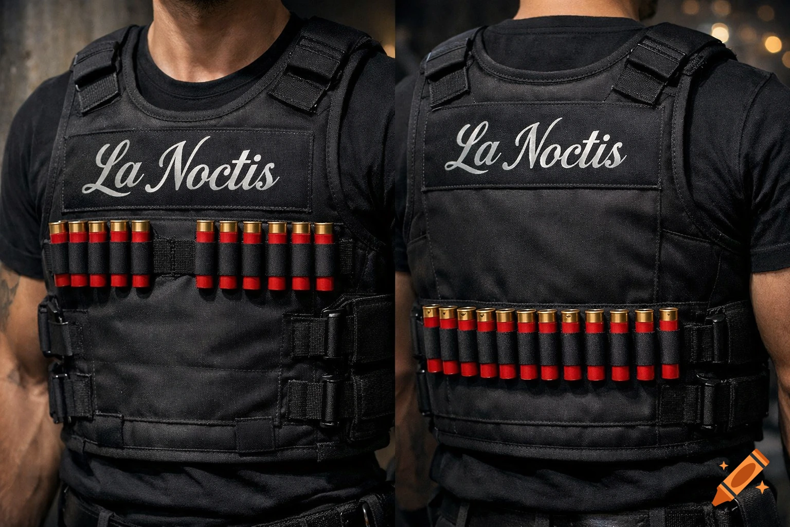 A person wearing a black bulletproof vest with 'La Noctis' text and red shotgun shells on the front and back, photorealistic.