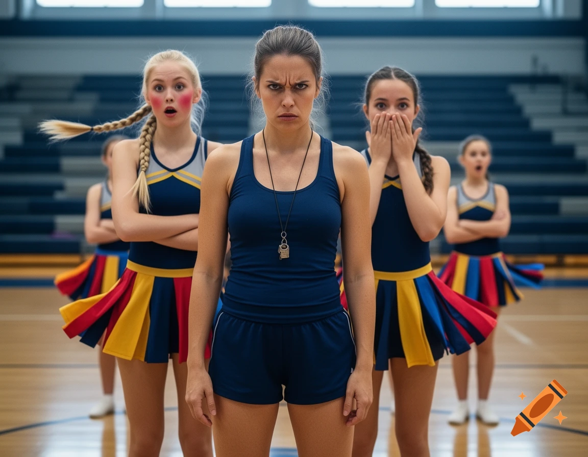 Annoyed woman with a whistle and cheerleaders in a gymnasium. One blonde cheerleader looks surprised with red cheeks, another covers her mouth.