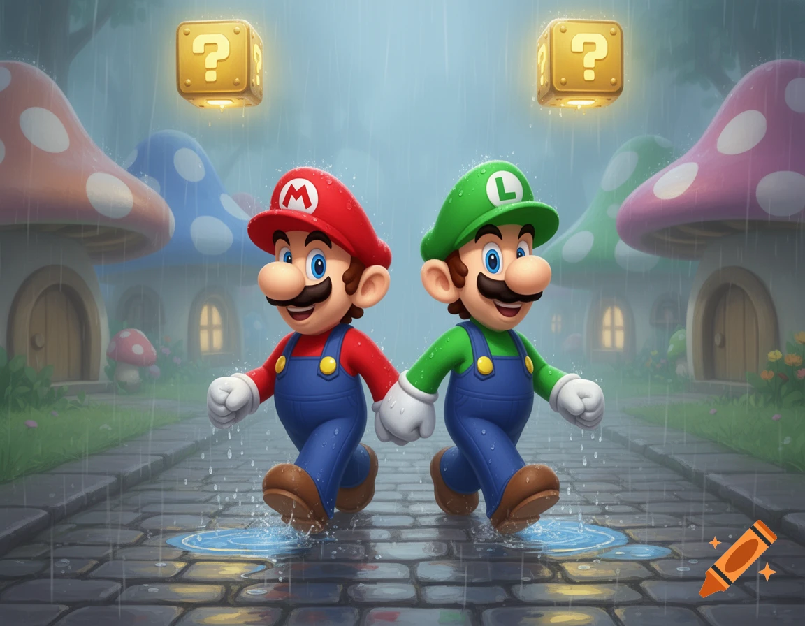 Mario and Luigi walk together in the rain on a cobblestone path, passing mushroom houses under glowing question mark blocks.