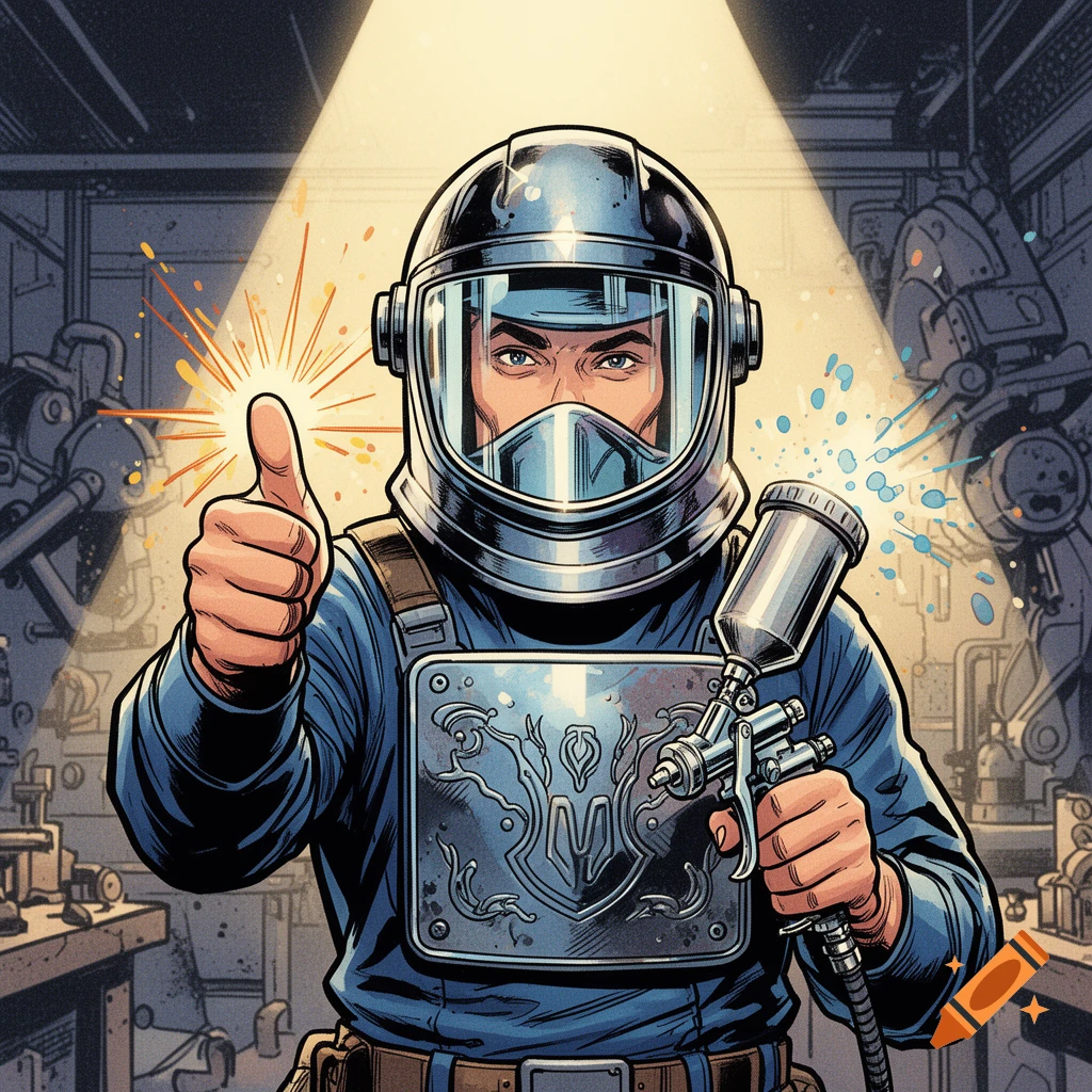 Comic book style illustration of a man in a spray helmet and blue uniform with an arc spray gun, giving a thumbs up in a workshop.