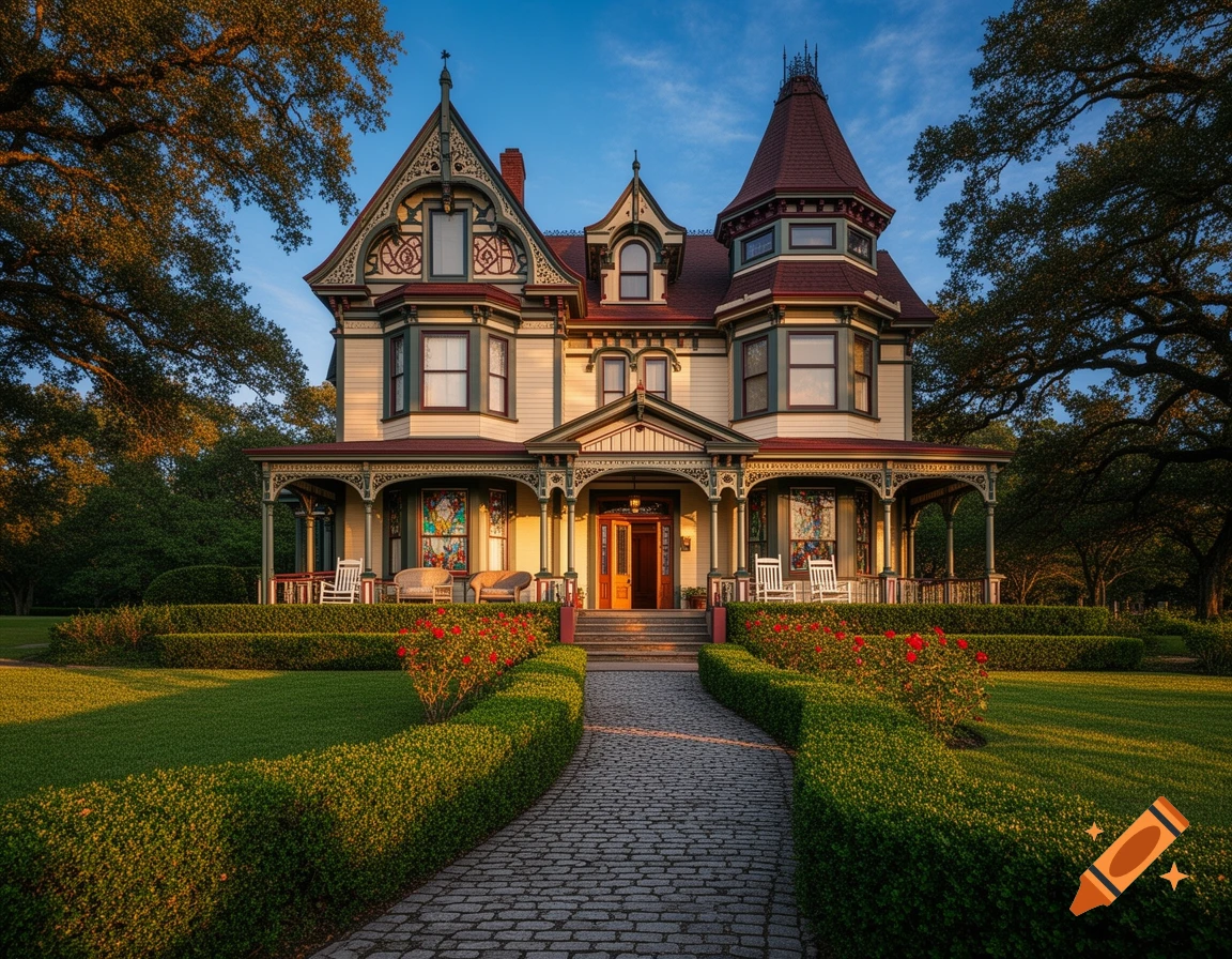 A grand Victorian mansion with a tower, light yellow walls, and a red roof, surrounded by a manicured green lawn, hedges, and mature trees under a blue sky.