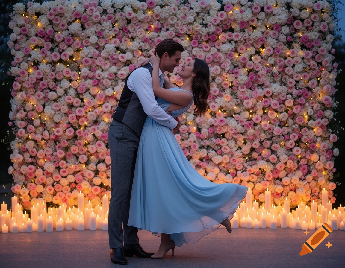 A couple embracing against a wall of pink and white roses with twinkle lights, surrounded by lit candles in a romantic setting.