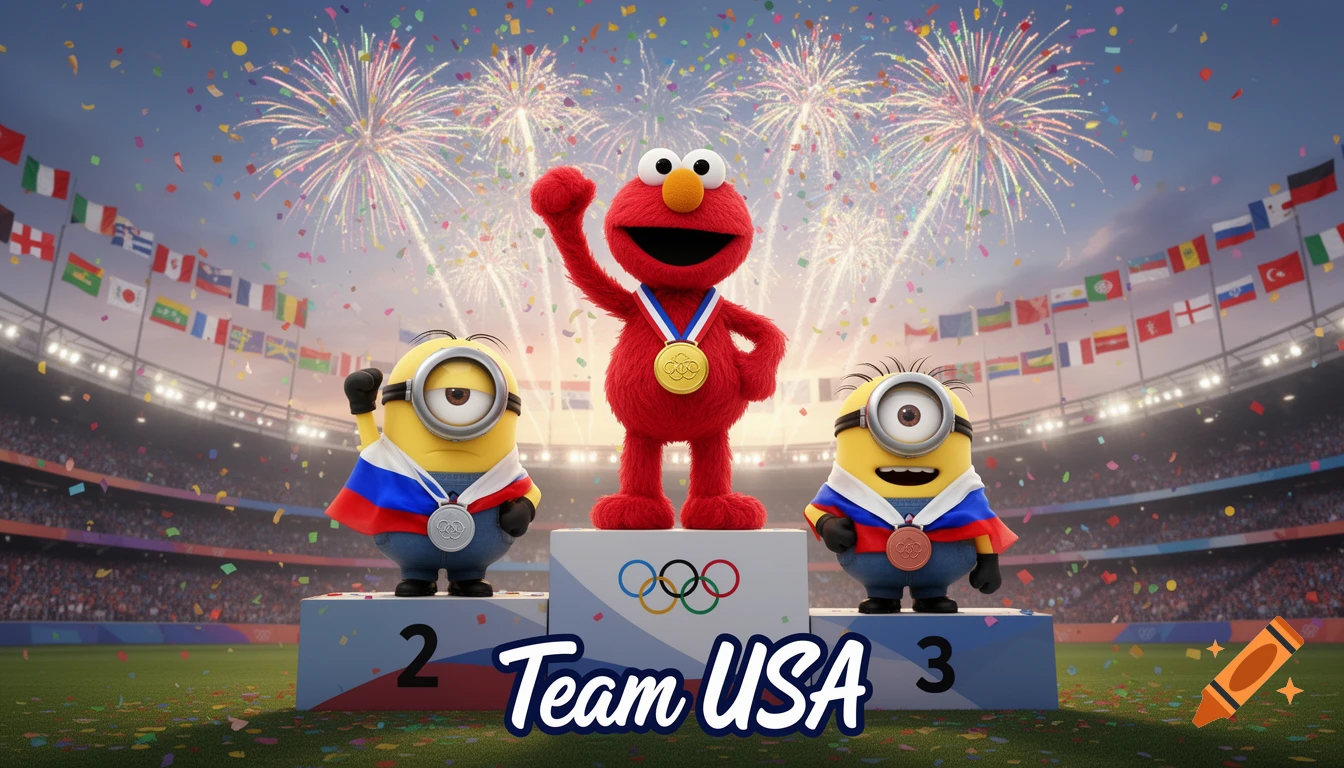 Elmo on a gold medal podium, flanked by two Minions on silver and bronze podiums, with fireworks and confetti in a stadium. "Team USA" text is in the foreground, and Olympic rings are visible on the gold medal and podium.
