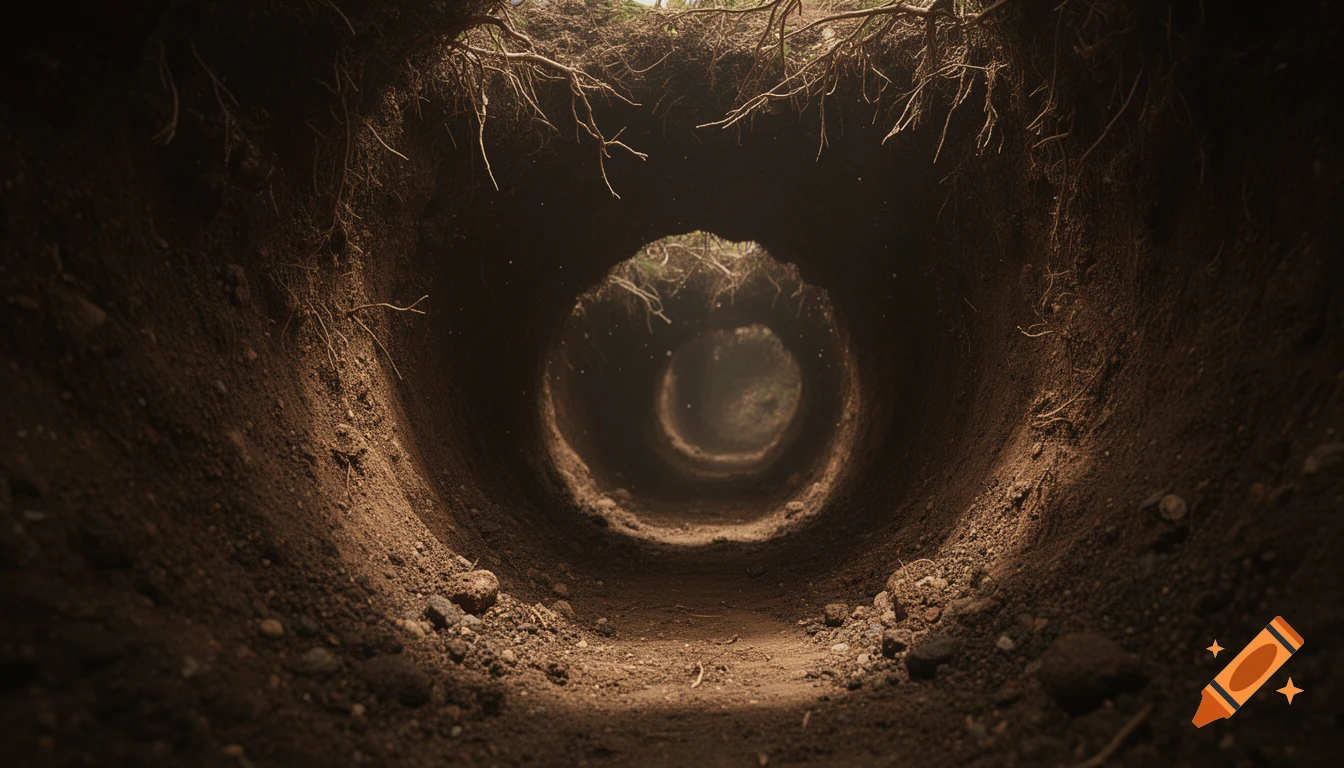 A photorealistic view from inside a narrow dirt tunnel, looking towards a light-filled opening, with roots overhead.