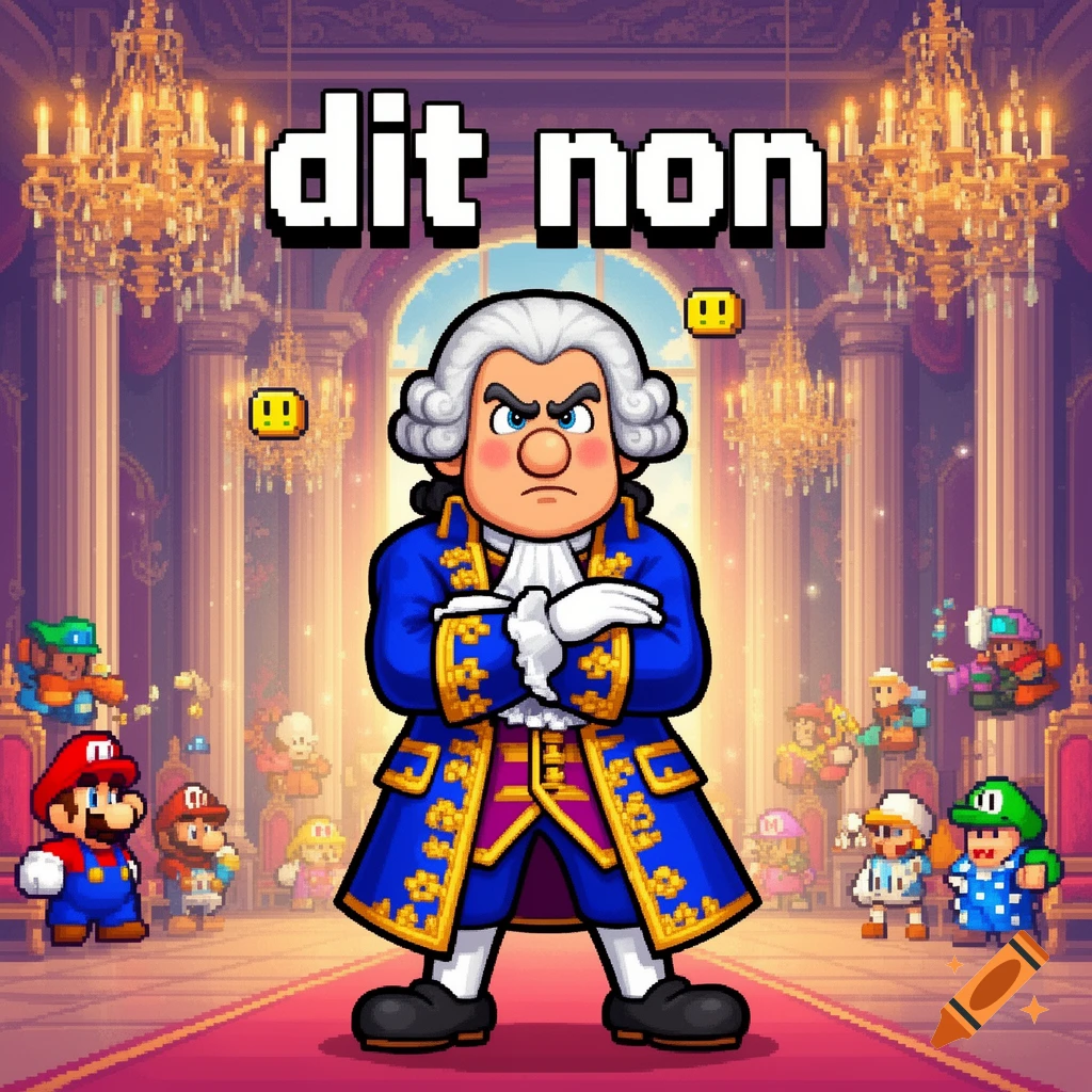 Pixel art of an angry Frederick the Great with 'dit non' text above his head, surrounded by small Mario characters in a grand hall.