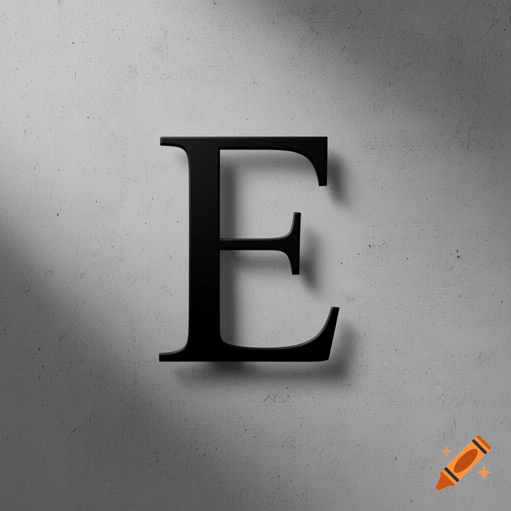 A bold, black serif capital letter E on a textured light gray wall, illuminated by light casting a strong shadow.