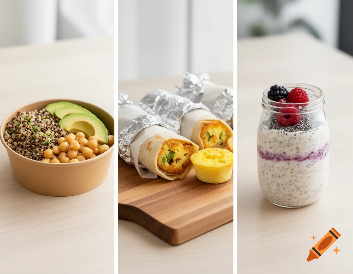 Three healthy meals: a quinoa bowl with avocado, breakfast burritos, and berry chia seed pudding.