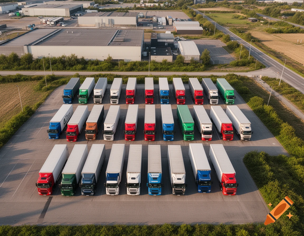 Aerial view of many colorful semi-trucks parked in neat rows in a large asphalt lot next to industrial buildings and a road.