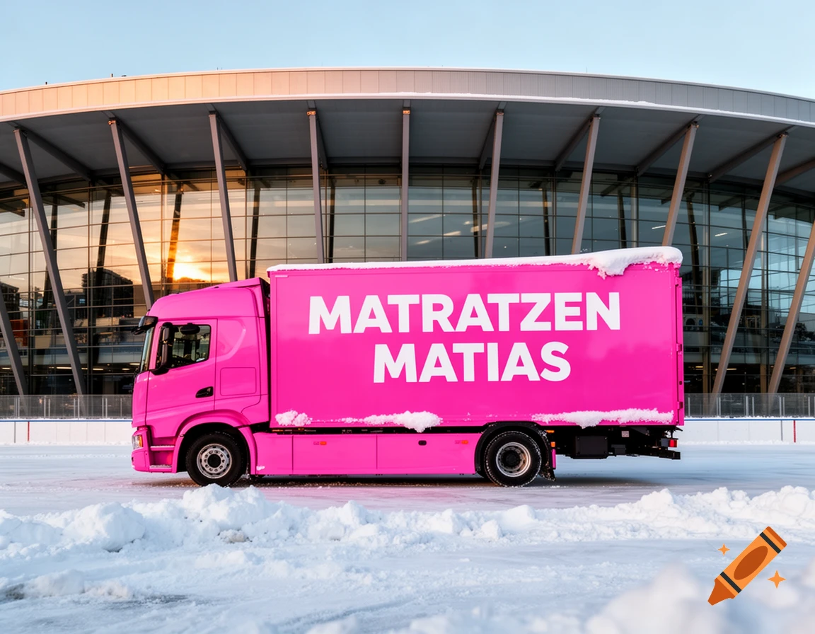Photorealistic image of a pink truck with 'MATRATZEN MATIAS' text, parked on snow in front of a modern arena at sunset.