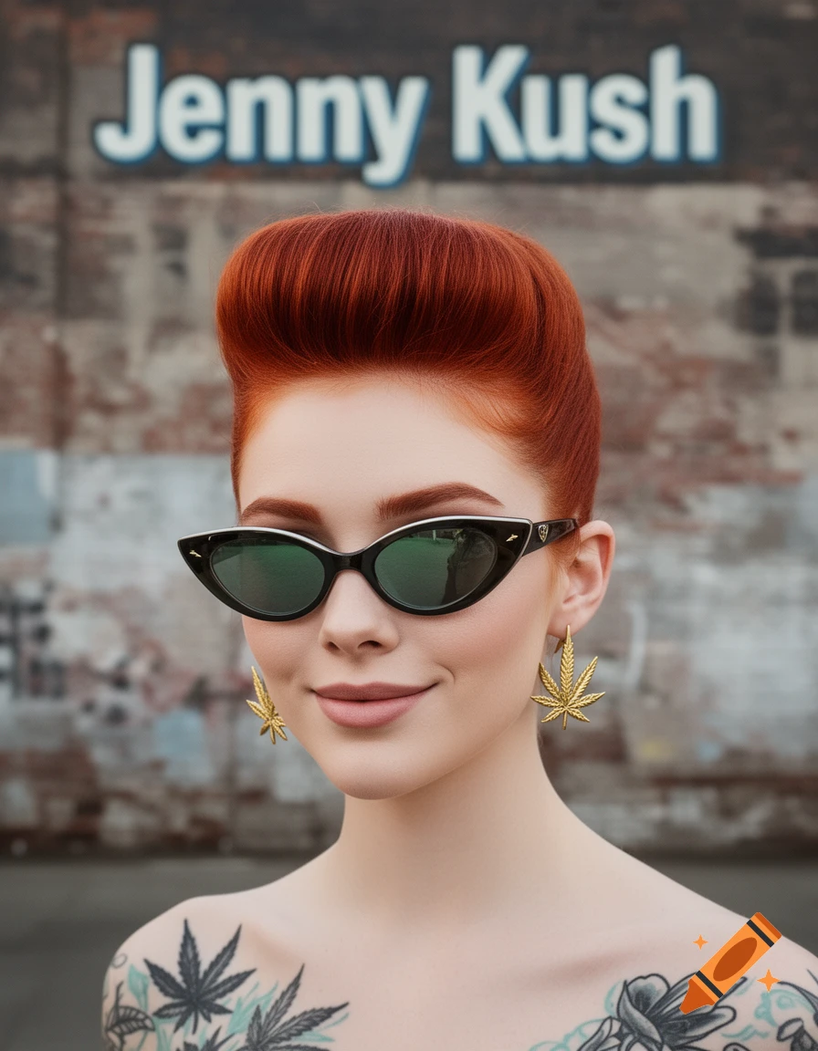 A red-haired woman with a beehive hairstyle, cat-eye sunglasses, and an enigmatic smile, wearing gold marijuana leaf earrings and chest tattoos, stands in front of a wall with a sign reading 'Jenny Kush'.