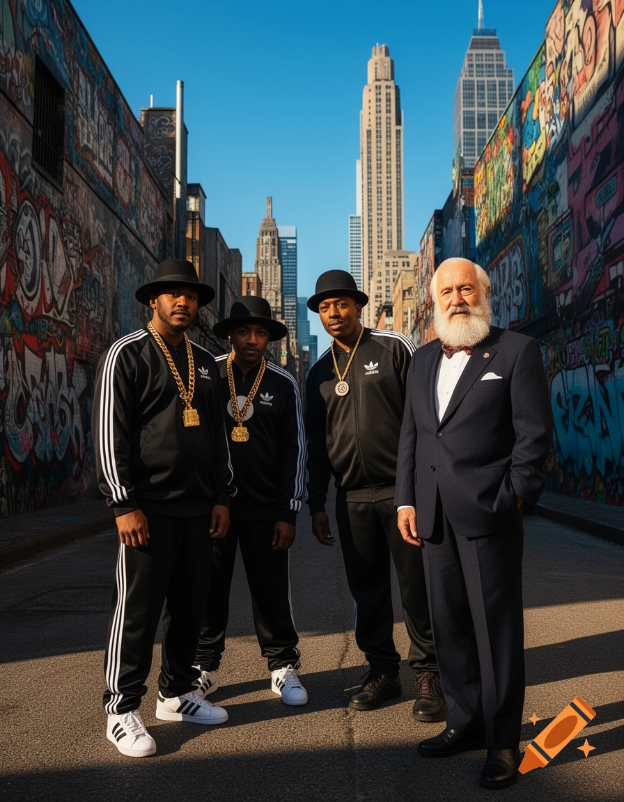 Three men in black tracksuits and gold chains stand with an older man in a suit, in a graffiti-covered urban alley.