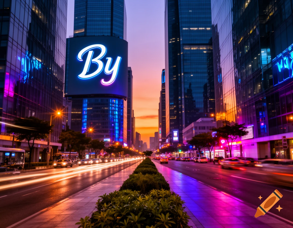 Vibrant cityscape at dusk with modern skyscrapers, a busy street with light trails, and a large neon billboard displaying 'By'.