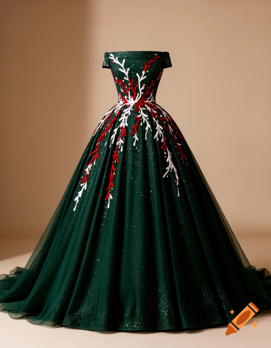 A dark green off-the-shoulder ball gown with sparkling red and white branch-like embroidery.