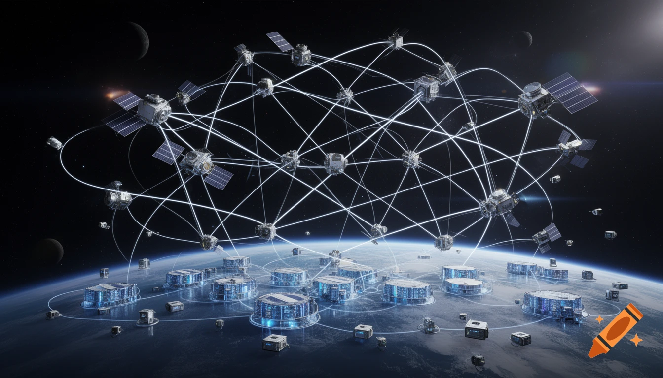A detailed, photorealistic depiction of numerous satellites and ground data centers connected by glowing white lines representing a quantum communication network above Earth, with a crescent moon in the dark sky.