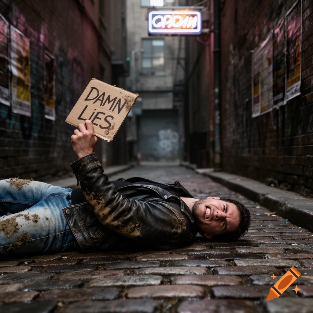 A man lies on a dirty alley ground, holding up a cardboard sign that reads "DAMN LIES". He wears a black leather jacket and jeans, looking distressed. A neon sign is visible in the background.
