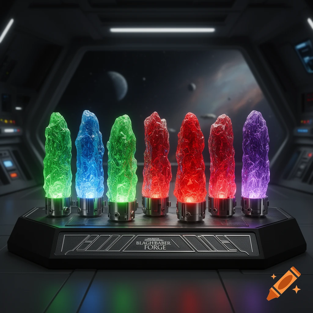 Six glowing green, blue, red, and purple crystals on a futuristic display stand in a spaceship cockpit.